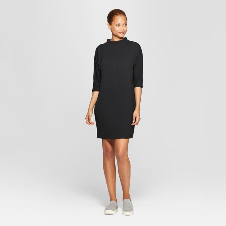 Women's Long Sleeve Crew Neck Mini Shirt Dress - Prologue Black