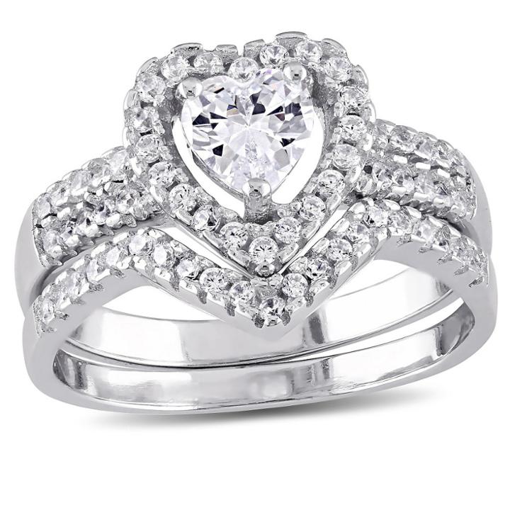 1 3/8 Ct. T.w. Heart Cubic Zirconia Halo Bridal Set In Sterling Silver -