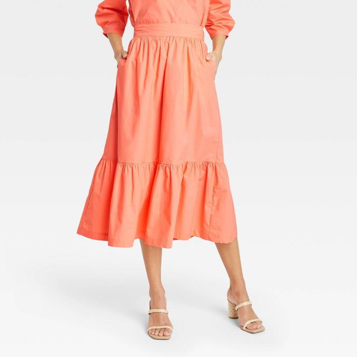 Women's Tiered A-line Midi Skirt - A New Day Coral