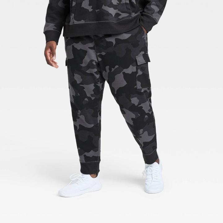 Men's Big Cotton Fleece Cargo Jogger Pants - All In Motion Black Camo Print