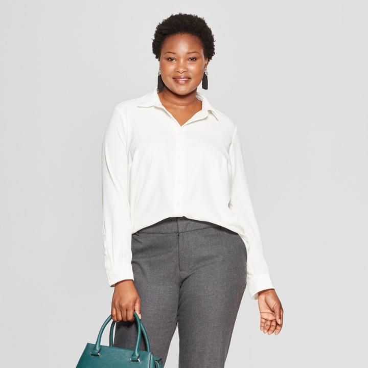 Women's Plus Size No Gap Button-down Long Sleeve Blouse - Ava & Viv Cream (ivory)