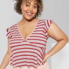 Women's Plus Size Striped Short Sleeve V-neck Flutter T-shirt - Wild Fable Red