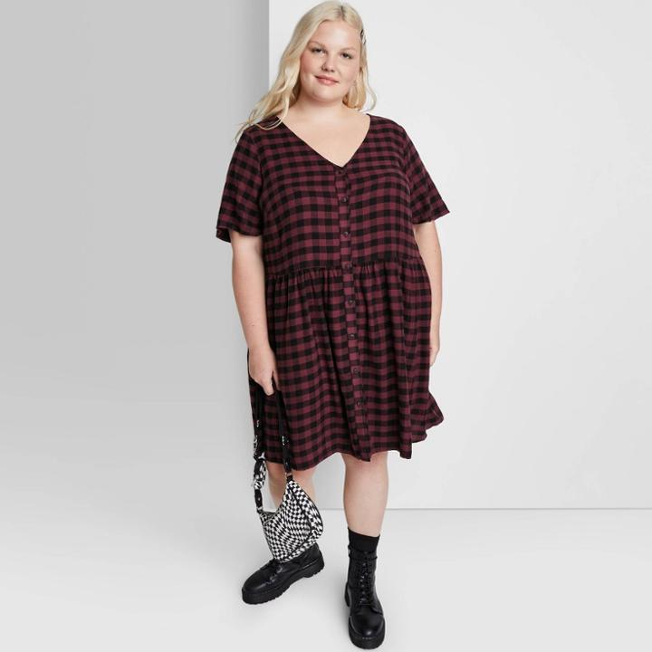 Women's Plus Size Short Sleeve Button-front Woven Shirtdress - Wild Fable Wine Plaid
