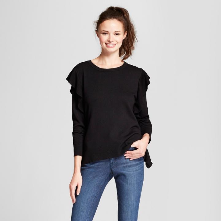 Women's Long Sleeve Ruffle Shoulder Pullover Sweater - Alison Andrews Black