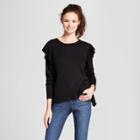 Women's Long Sleeve Ruffle Shoulder Pullover Sweater - Alison Andrews Black
