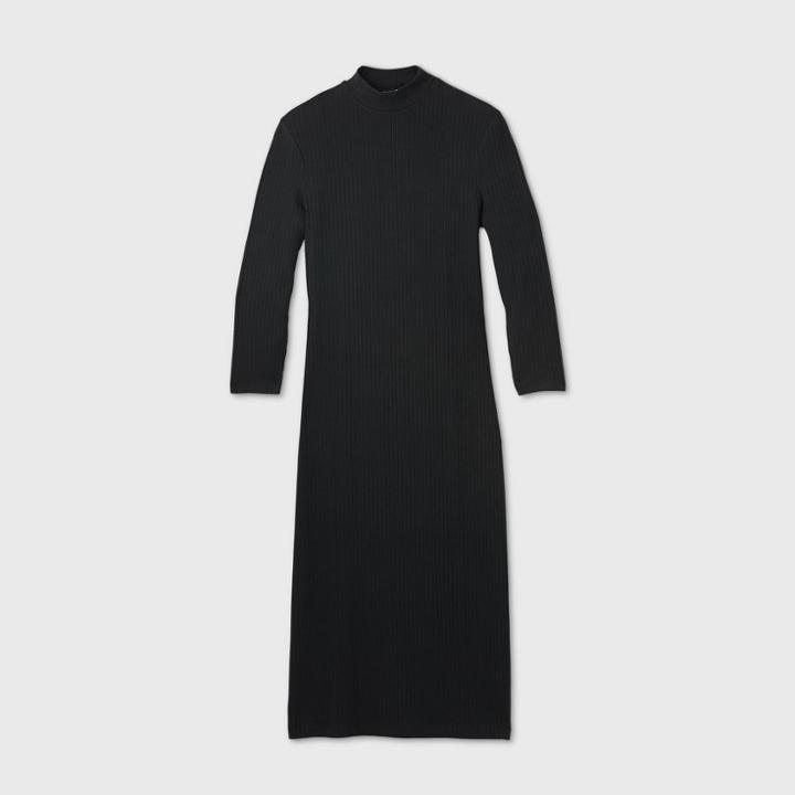 Women's Long Sleeve Rib Knit Dress - A New Day Black