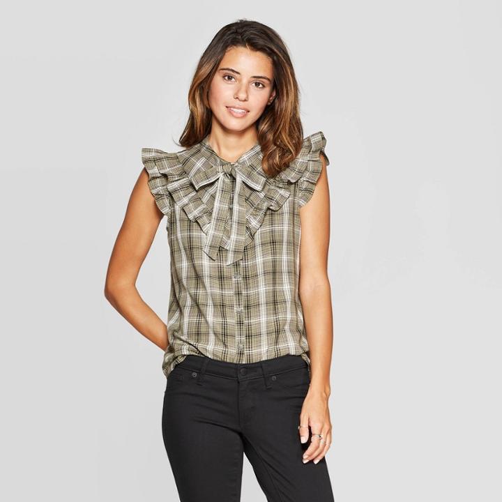 Women's Plaid Sleeveless Crewneck Ruffle Front Top - Universal Thread Green