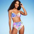 Women's Tie-front Bralette Bikini Top - Shade & Shore Floral Print S, Blue/green/purple