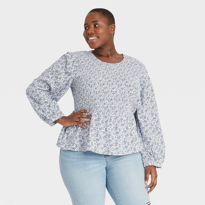 Women's Plus Size Floral Print Puff 3/4 Sleeve Smocked Blouse - Universal Thread Navy