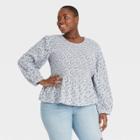Women's Plus Size Floral Print Puff 3/4 Sleeve Smocked Blouse - Universal Thread Navy