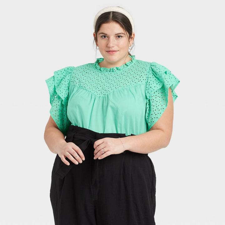 Women's Plus Size Flutter Short Sleeve Eyelet Top - A New Day Green