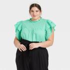 Women's Plus Size Flutter Short Sleeve Eyelet Top - A New Day Green