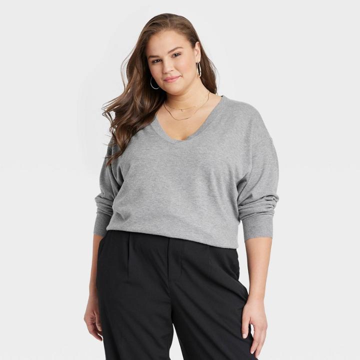 Women's Plus Size Fine Gauge V-neck Sweater - A New Day