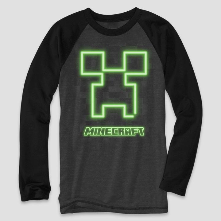 Boys' Minecraft Creeper Long Sleeve Graphic T-shirt - Charcoal Heather/black