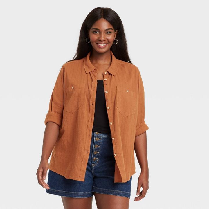 Women's Plus Size Long Sleeve Button-down Shirt - Ava & Viv Rust X, Red
