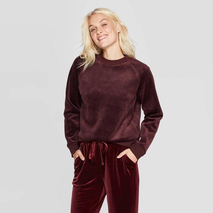 Women's Regular Fit Long Sleeve Crewneck Velour Pullover - A New Day Rose S, Women's, Size: