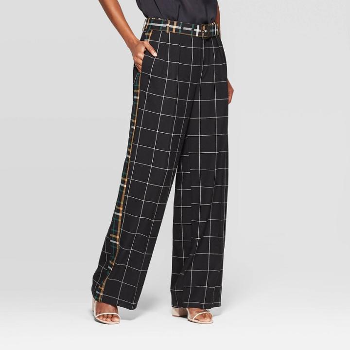 Women's Plaid Mid-rise Wide Leg Print Block Trouser - Who What Wear Black