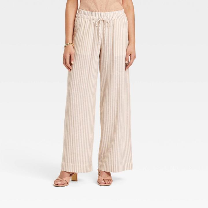 Women's High-rise Wide Leg Linen Pull-on Pants - A New Day Cream Striped L, Ivory