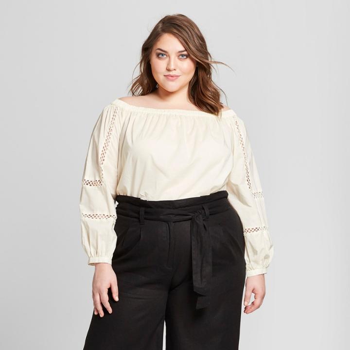 Women's Plus Size Long Sleeve Blouson Bardot Blouse - Who What Wear White X