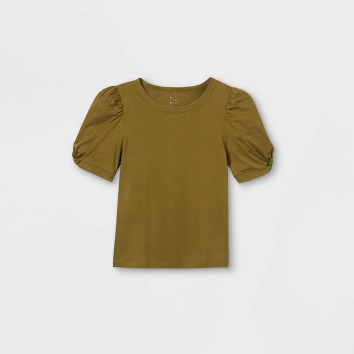 Women's Slim Fit Puff Short Sleeve Round Neck T-shirt - A New Day Olive Green