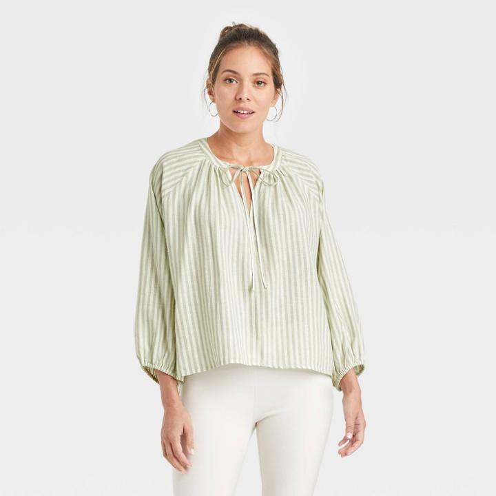 Women's Raglan Long Sleeve Tie-front Top - A New Day Light Green