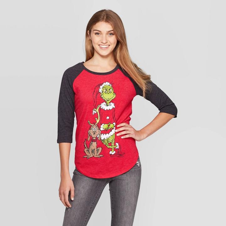 The Grinch Women's Grinch Raglan 3/4 Sleeve Graphic T-shirt (juniors') - Red