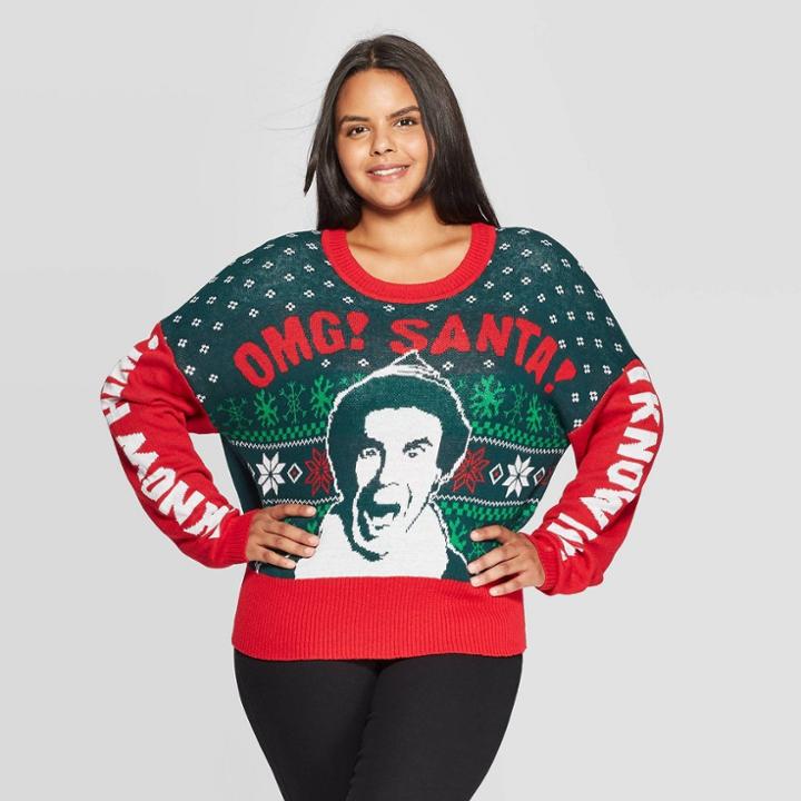 Women's Elf Omg Santa Plus Size Graphic Sweater (juniors') - Red/green 3x, Women's,