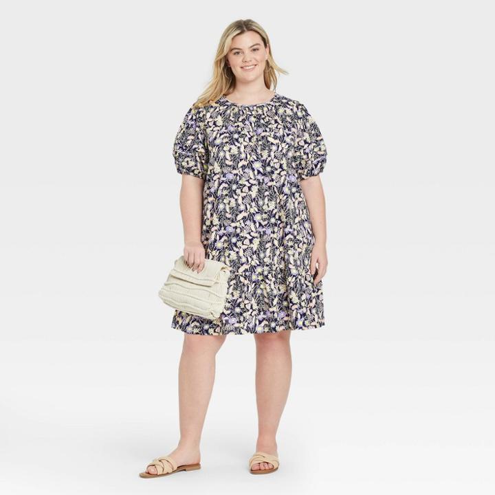 Women's Plus Size Floral Print Pleated Puff Sleeve Dress - Ava & Viv Navy X, Blue