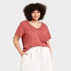 Women's Plus Size Short Sleeve V-neck T-shirt - A New Day Dark Pink
