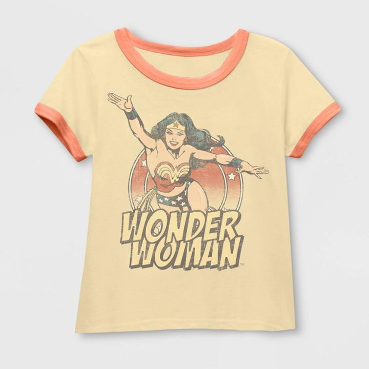 Dc Comics Toddler Girls' Wonder Woman Short Sleeve Ringer T-shirt - Light Yellow