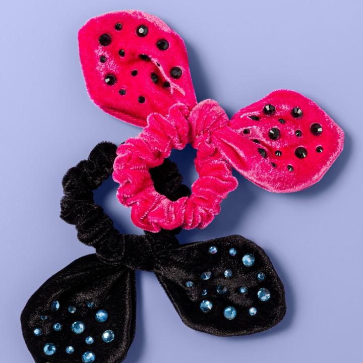 Girls' 2pk Velvet Hair Ties - More Than Magic Pink/black, Black Pink