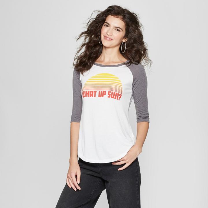 Women's 3/4 Sleeve What's Up Sun Raglan Graphic T-shirt - Awake White/charcoal M,