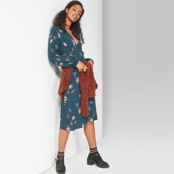 Women's Floral Print Long Sleeve Wrap Midi Dress - Wild Fable Teal