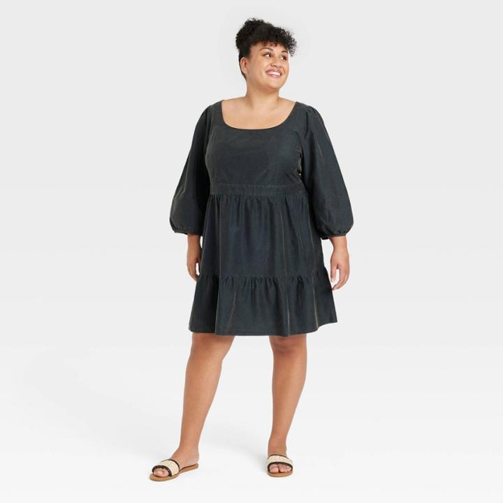 Women's Plus Size Balloon 3/4 Sleeve A-line Dress - Ava & Viv Black X