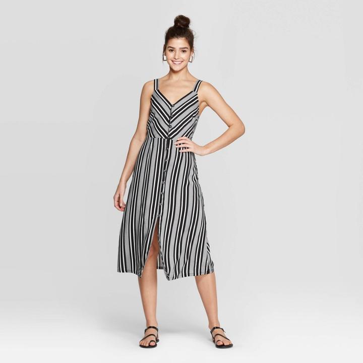 Women's Striped V-neck Strappy Button Front Midi Dress - Xhilaration Ivory