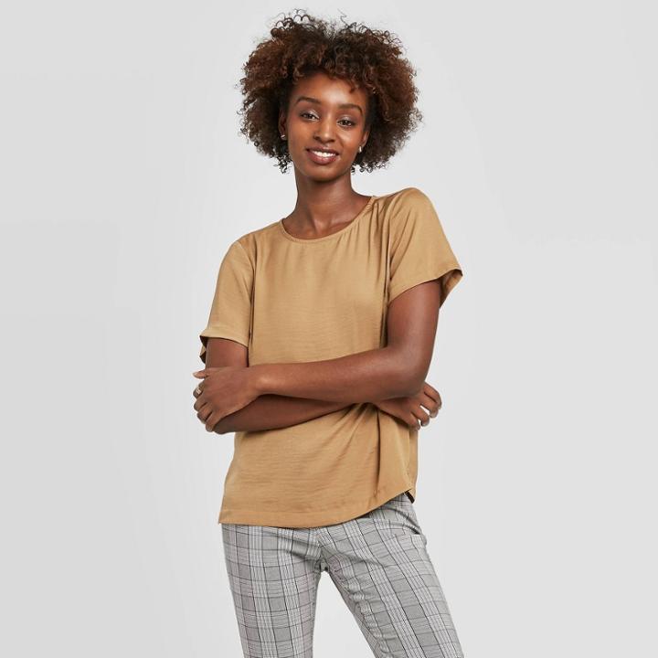 Women's Short Sleeve Round Neck Satin T-shirt - A New Day Brown