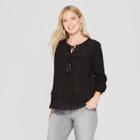 Women's Long Sleeve Eyelet Lace Tassel Blouse - Knox Rose Black