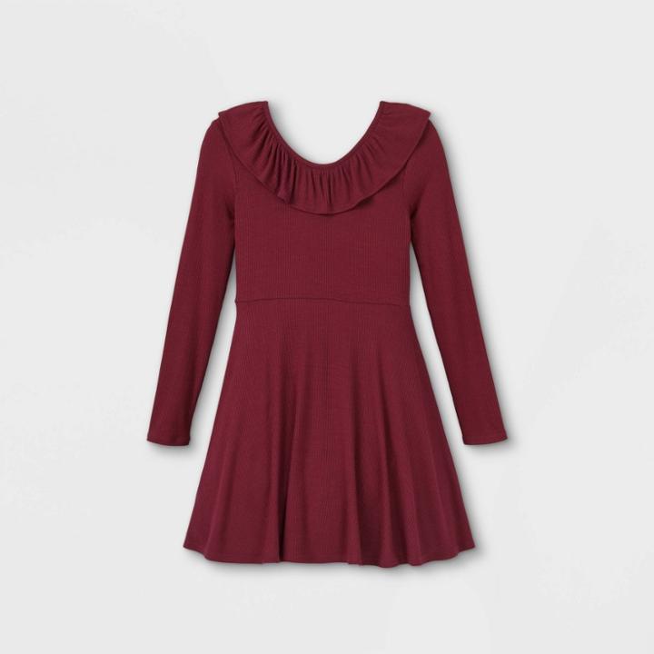 Girls' Rib Ruffle Neck Long Sleeve Dress - Art Class