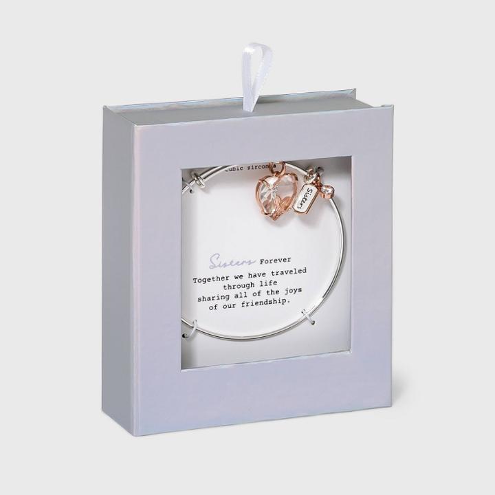 No Brand Stainless Steel Sisters Heart Butterfly Cubic Zirconia Bangle Bracelet - Rose Gold