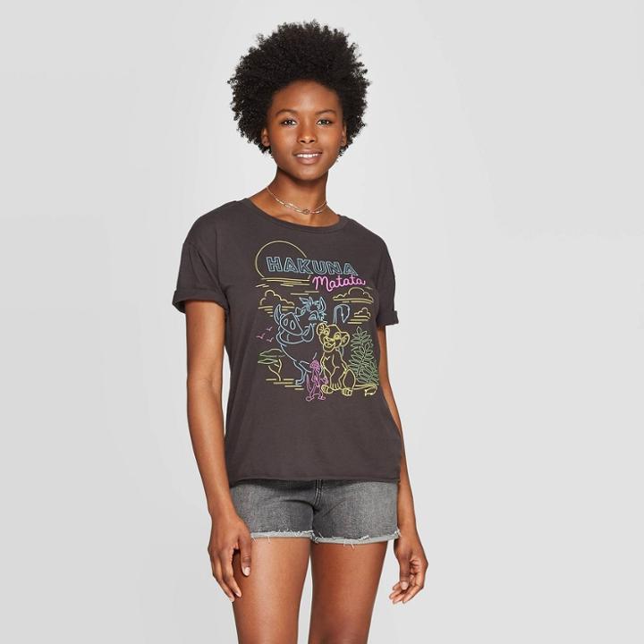 Women's Disney The Lion King Hakuna Matata Short Sleeve Neon Graphic T-shirt - (juniors') - Black