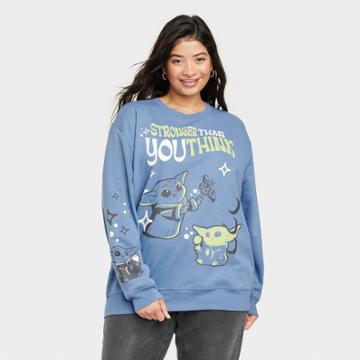 Lucasfilm Women's Disney Plus Size Grogu Stronger Than You Think Graphic Sweatshirt - Blue
