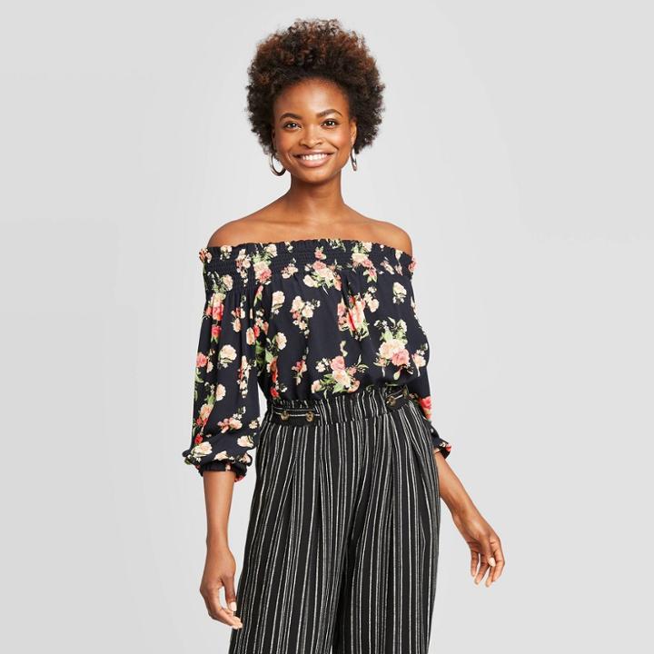 Women's Floral Print Long Sleeve Off The Shoulder Top - Xhilaration Black