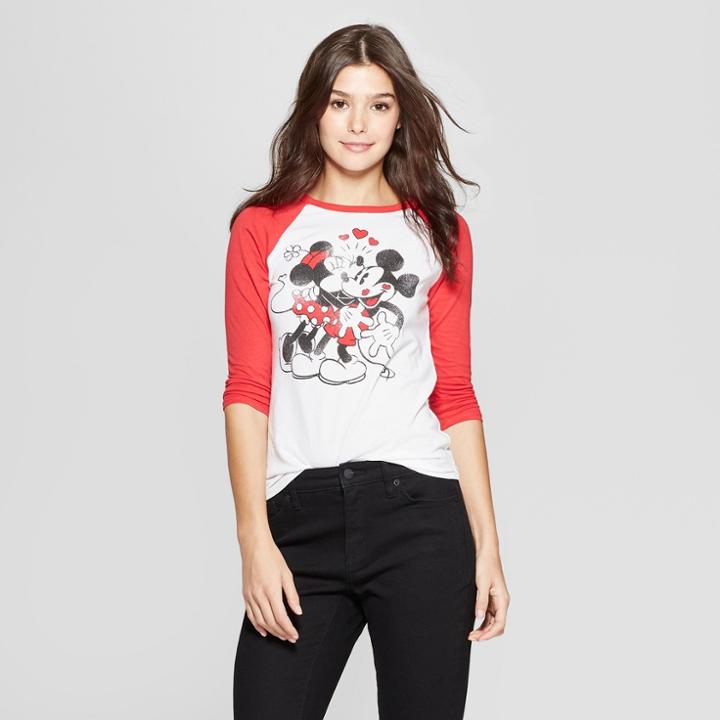 Women's Disney Mickey Kiss Couple Raglan 3/4 Sleeve T-shirt - (juniors') Burgundy/white
