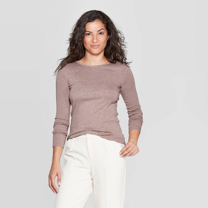 Women's Regular Fit Long Sleeve Crewneck T-shirt - A New Day Brown