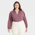 Women's Plus Size Balloon Long Sleeve Popover Blouse - A New Day Brown