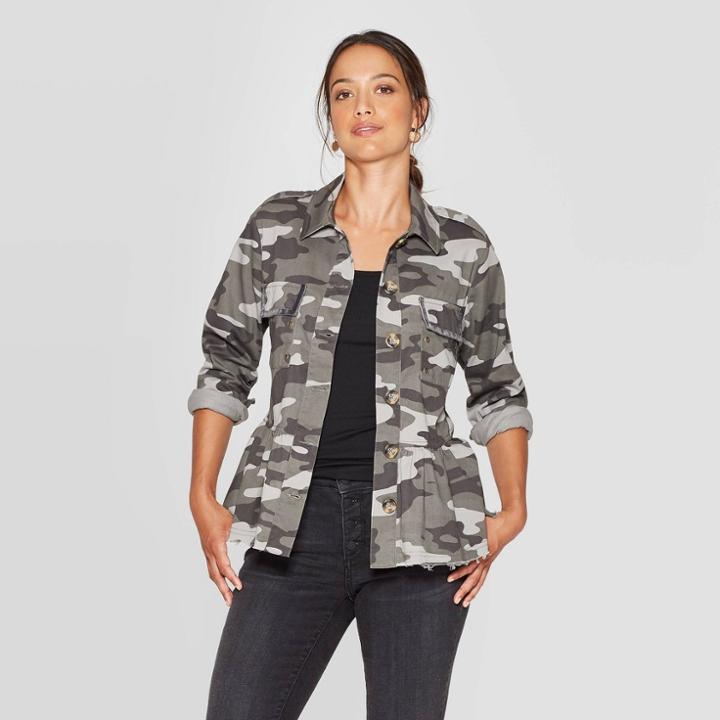 Women's Camo Print Long Sleeve Front Button-down Peplum Jacket - Knox Rose Green