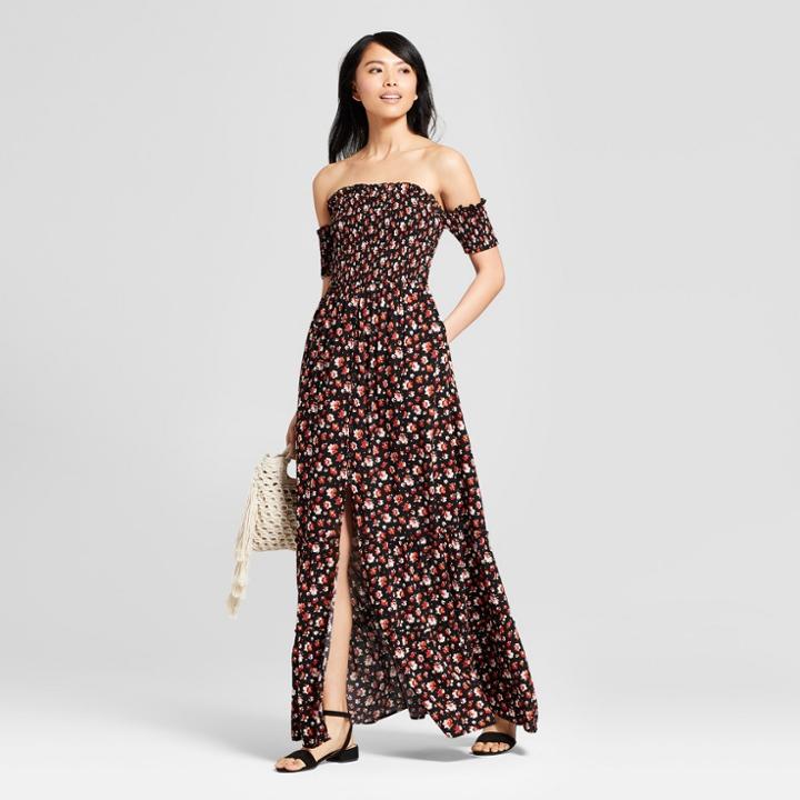 Women's Floral Print Off The Shoulder Smocked Top Maxi Dress - Xhilaration Black