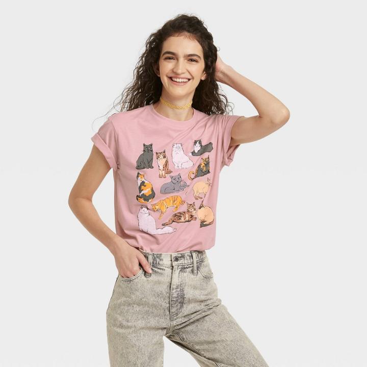 Fifth Sun Women's Cat Grid Short Sleeve Graphic T-shirt - Pink
