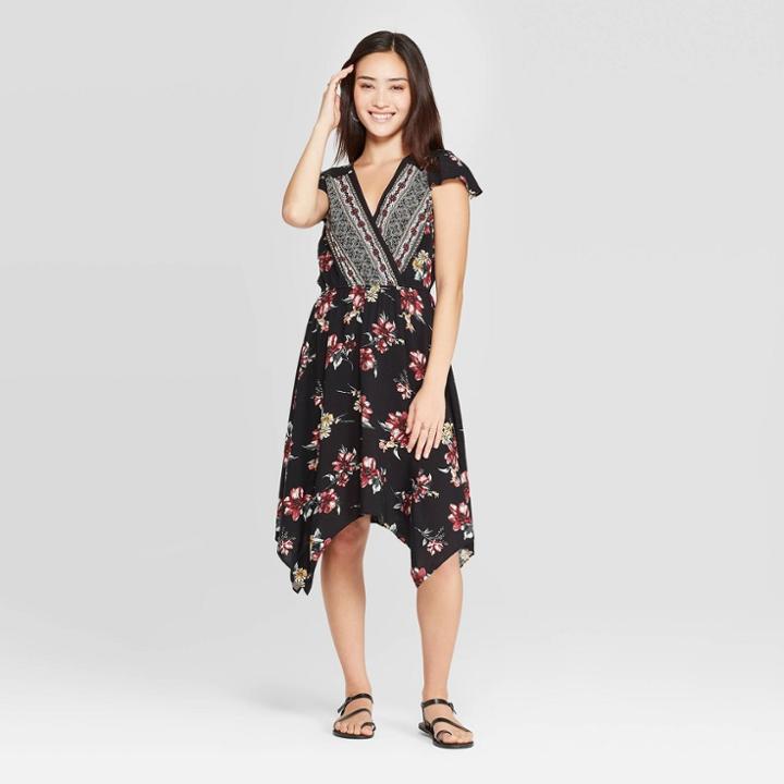 Women's Floral Print Short Sleeve Deep V-neck Handkerchief Hem Dress - Xhilaration Black