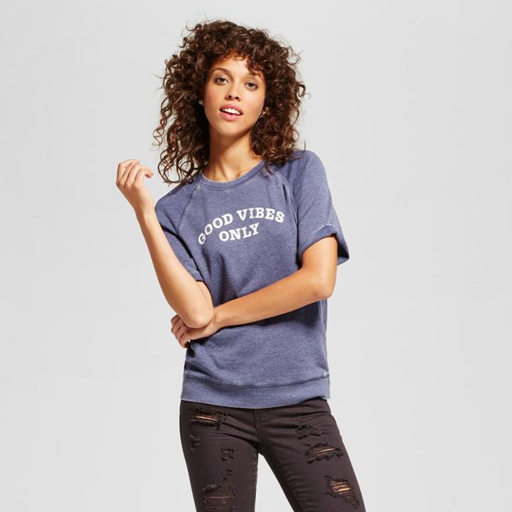 Women's Good Vibes Only Graphic Short Sleeve Sweatshirt Blue S - Grayson Threads (juniors')
